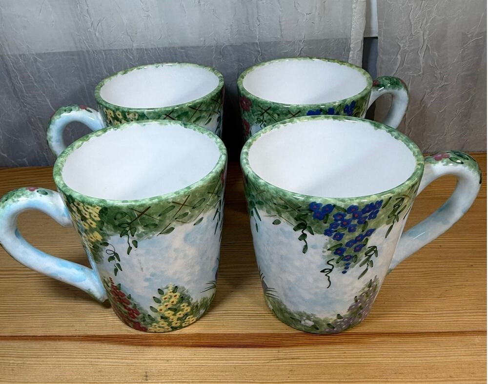 Fitz Floyd Balloons Floral Mug Set 4 Hand Painted Garden Coffee Cups